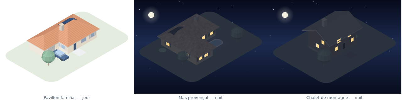 La même maison de jour et deux maisons de nuit