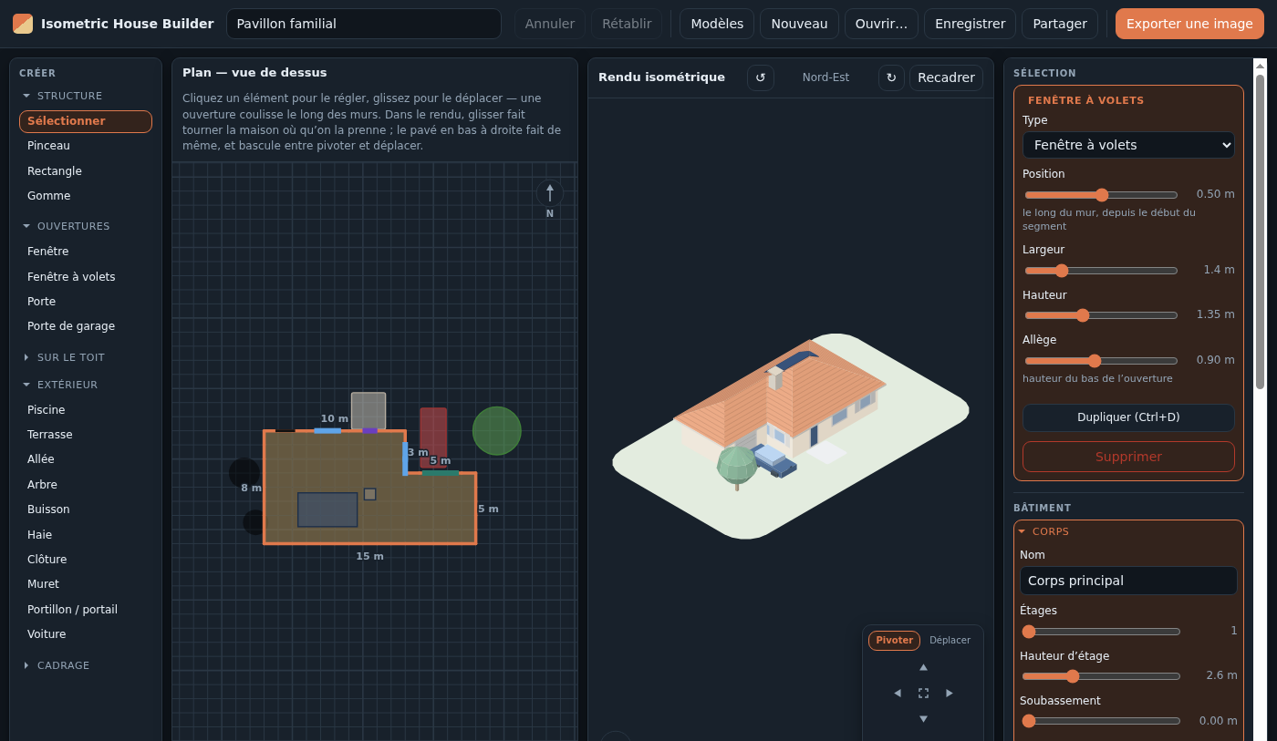 L’interface : outils à gauche, plan et rendu au centre, réglages à droite